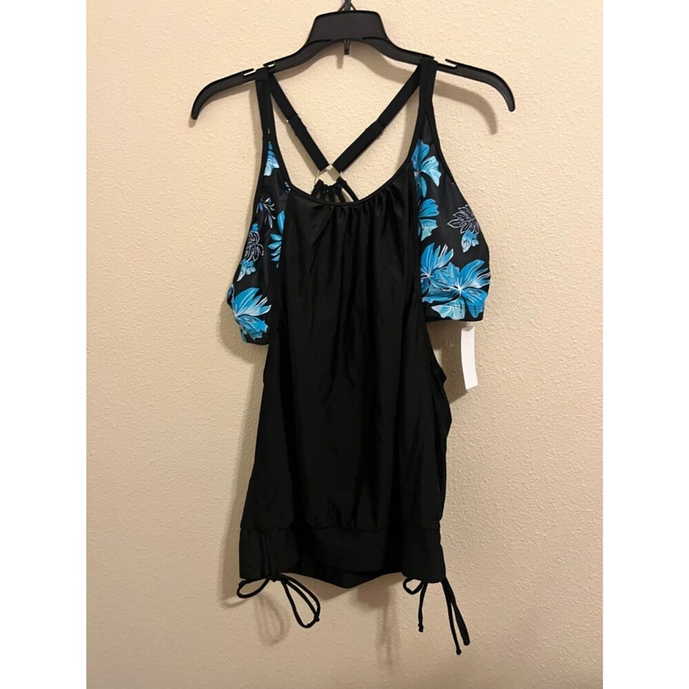 Black Tankini Top with Blue Floral Sleeve Accents by Holipick